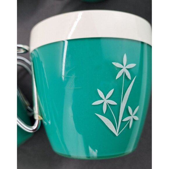 Vintage Mint Green Thermo Serv Mugs NFC White Floral Chrome Wire Handle MCM Teal - Picture 10 of 15